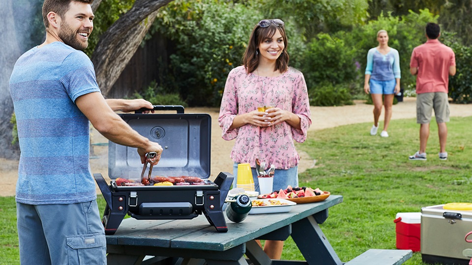 Grill2Go portable gas grill designed for camping, tailgating and grilling on the go.